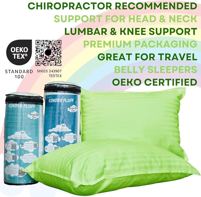 kinder Fluff Kids Pillow (2Pack) 16x24in - Youth Pillows for Kids Age 7+, 100% Cotton Sateen Stripes 300T, Down Alternative Fill, Machine Washable - Children & Travel Cushion - Green - L