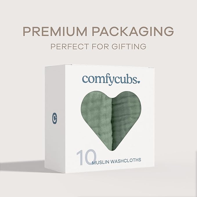 Comfy Cubs Muslin Baby Washcloths 10 Pack - Soft 6-Layer Cotton Wash Cloths for Sensitive Skin - 10"x10" Large, Gentle, Absorbent Infant Essentials for Newborn and Toddlers - Fern