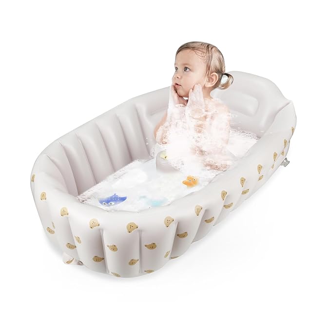 PandaEar Inflatable Bathtub for Toddlers, Collapsible Portable Bathtub for Kids Travel Baby Bathtub with Air Pump, Non-Slip Shower Basin(Bears White)