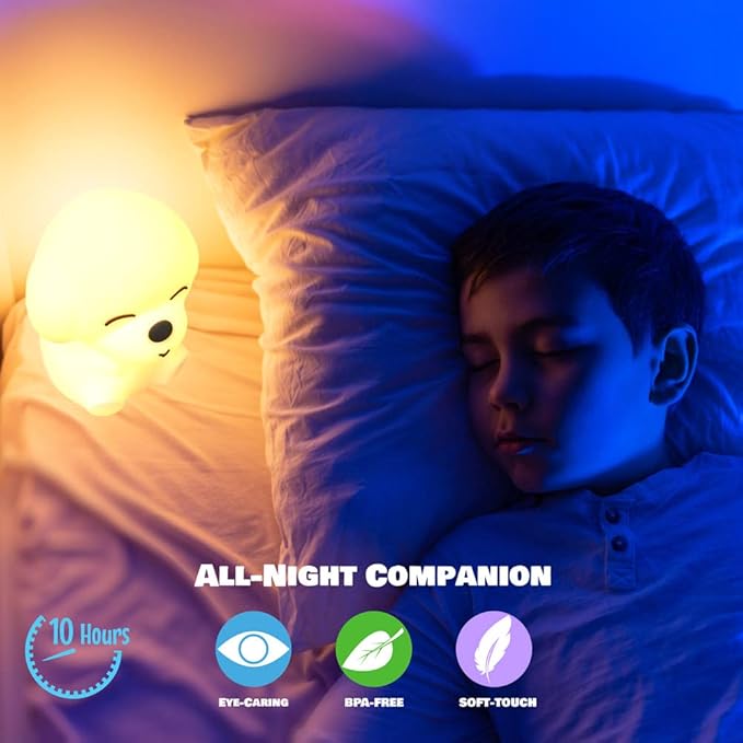 AULTRA Night Light for Kids – 16 Color USB Rechargeable Dog Lamp for Baby Nursery, Soft Silicone Night Light, 2 Brightness Levels, 10-Hour Use, Squishy Puppy Gift for Boys & Girls