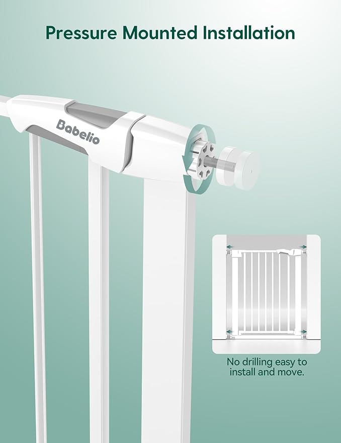 BABELIO 26-28.5 Inch Narrow Easy Install Baby Gate, 30 Inch Tall Auto-Close Metal Pet Gate for Small Stairs and Doorways, NO Drilling Pressure Mounted, NO Extensions, White