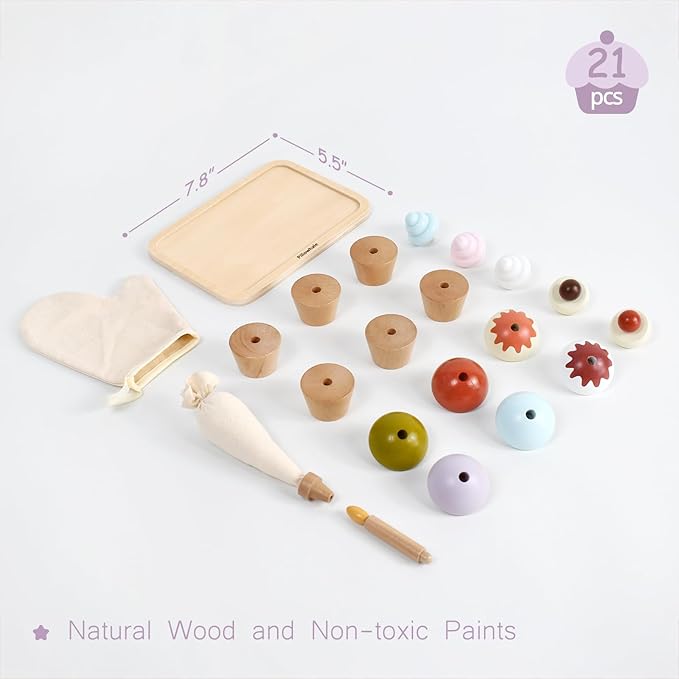 Wooden Cupcake Play Food Set – 21 PCS Pretend Cupcakes with Interchangeable Toppings, Candle, Tray, Piping Bag & Mitt, Birthday Cake Toy for Kids Kitchen & Tea Party Play, Ages 3+