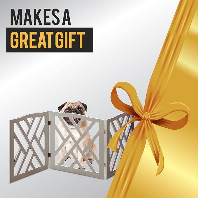 Bundaloo Freestanding Dog Gate Expandable Decorative Wooden Fence for Small to Medium Pet Dogs, Barrier for Stairs, Doorways, & Hallways (Crisscross - Grey)