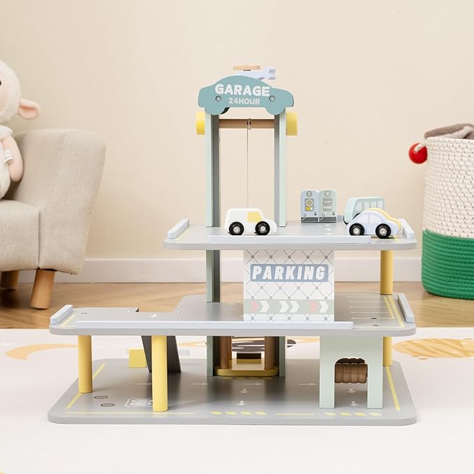 Costzon Toy Car Garage, Multi-Level Wooden Toy Garage with 4 Cars, Helicopter, Gas & Charging Station, Ramp & Working Elevator, Parking Garage for Toy Cars, Pretend Play Gift for Kids Toddlers 3+