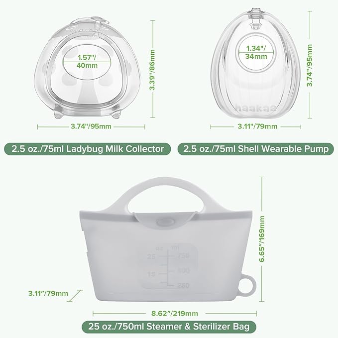 haakaa Milk Collector Set - 75ml Shell Pump, 75ml Milk Collector & 750ml Steriliser Bag - Hands-Free Wearable Breast Pump, Passive Silicone Milk Catcher for Breastfeeding Mom
