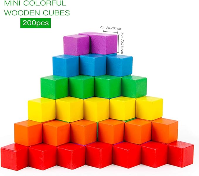 Wood Blocks, 200 Pack Counting Cubes Square Wood Craft Cube Blocks Wooden Blocks Building Blocks,Square Blank Puzzle Making and DIY Craft Cube Blocks,Early Math Manipulatives (Assorted Coloe)
