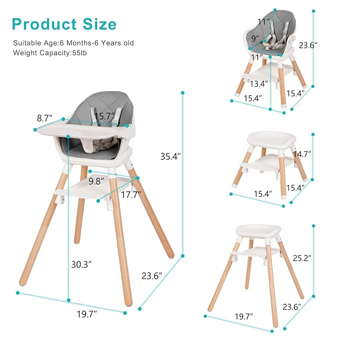 High Chair, 6 in 1 Wooden Convertible High Chairs for Babies and Toddlers, Booster Seat with Double Tray & Reversible Footrest Baby Highchair, 5-Point Harness Baby Feeding Chair, Grey