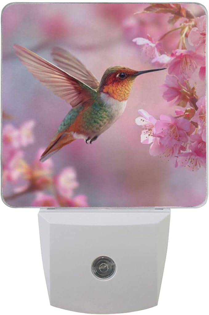 Aslsiy Night Light for Kids Hummingbird Hovering Near Blooming Cherry Flower Plug in Wall Lamp LED Dusk to Dawn Sensor Energy Saving Nightlight for Boys Girls Men Women