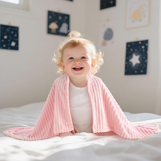 Soft Fleece Baby Blanket Ultra Cozy Pink Baby Blankets for Girls Warm and Lightweight Infant Toddler Newborn Receiving Gift with Reversible Stripes for Crib Stroller, 30x40 Inch, Light Pink