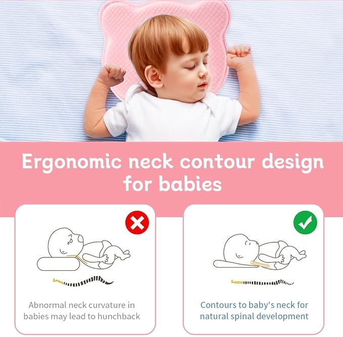 Memory Foam Baby Pillow for Newborn Flat Head Baby Pillow Machine-Washable Neck Support Prevent Flat Head 100% Cotton