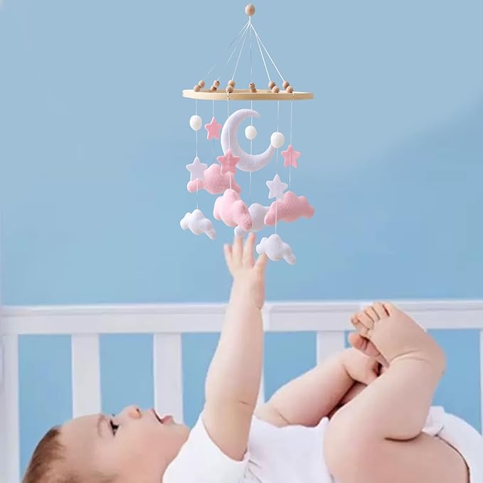 Baby Crib Mobile for Nursery, Pink Mobile Crib, Baby Mobile for Bassinet, Nursery Decor Nursery Hanging Decor Felt Moon Stars Clouds Baby Gift for Boys and Girls