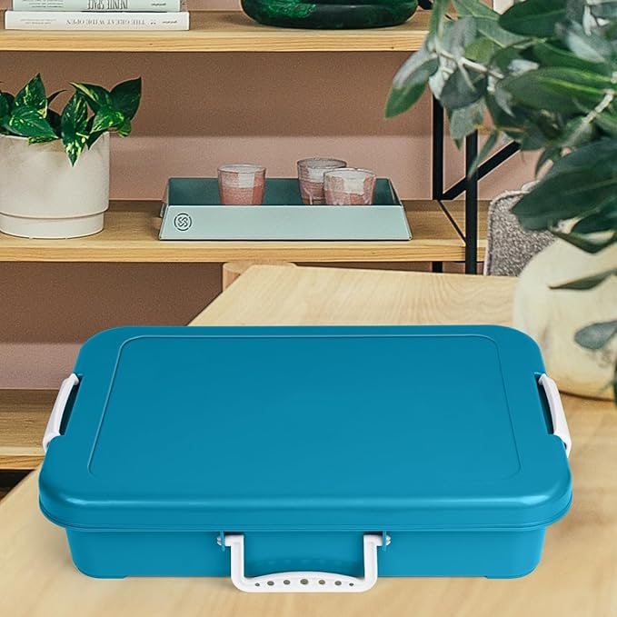 Madzee Plastic Activity Tray with lid for Slime, Beads, Sand and Sensory Toys – 15 Inches (Teal)