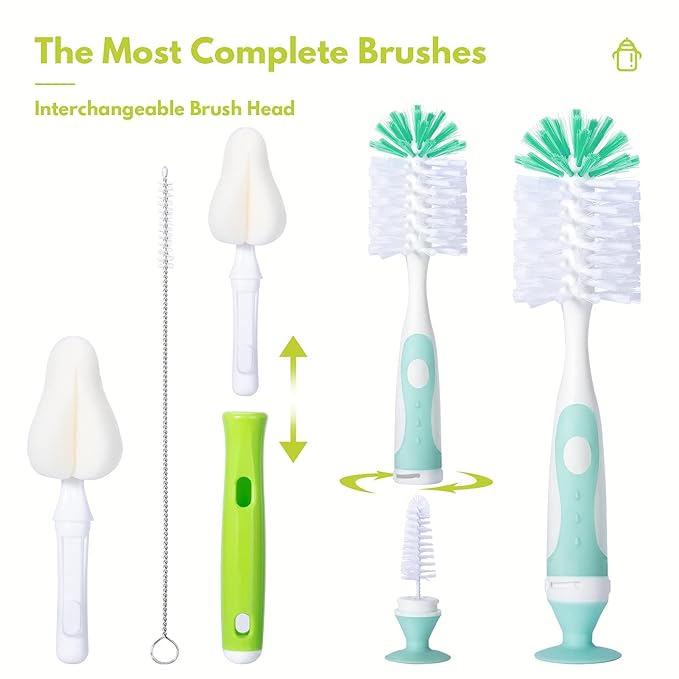 Baby Bottle Brush Set with Nylon Nipple Cleaner, Sponge & Straw Brushes (Blue)