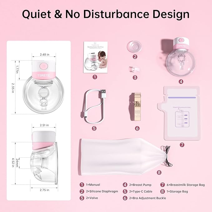 TSRETE Double Wearable Breast Pump, Electric Hands-Free Breast Pumps with 2 Modes, 9 Levels, LCD Display, Memory Function Rechargeable Milk Extractor-24mm Flange, Pink