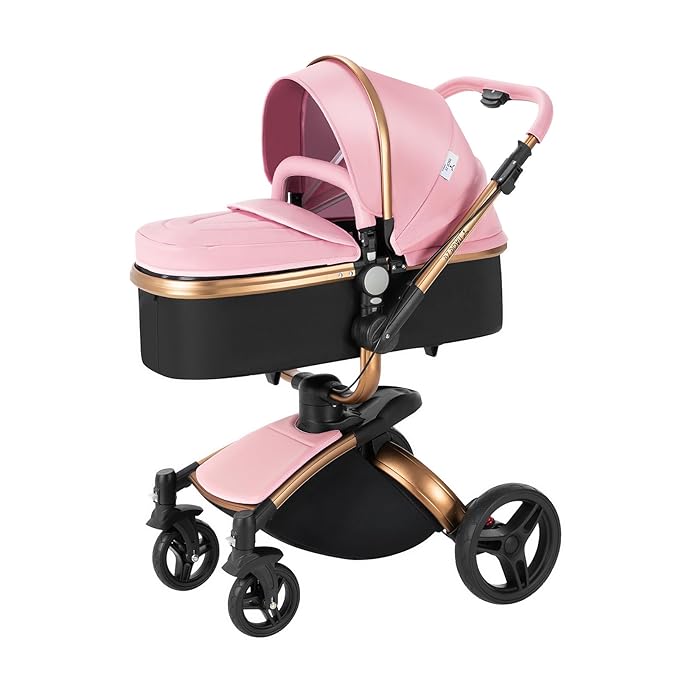 PU Leather 2 in 1 Baby Stroller with 360° Rotatable Seat, Convertible Pram, Reversible Standard Stroller, Portable Infant Carriage, Foldable High Landscape Pushchair Toddler Newborn (HR005-Pink)