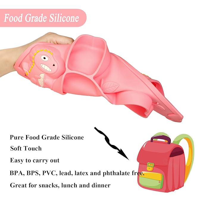 3Pcs Toddler Silicone Dinosaur Placemat Spoon and Fork Set,Divided Plate Dish for Baby Kids Infant Self Feeding Training,Non-Suction BPA Free Microwave Dishwasher Safe-Pink Dinosaur