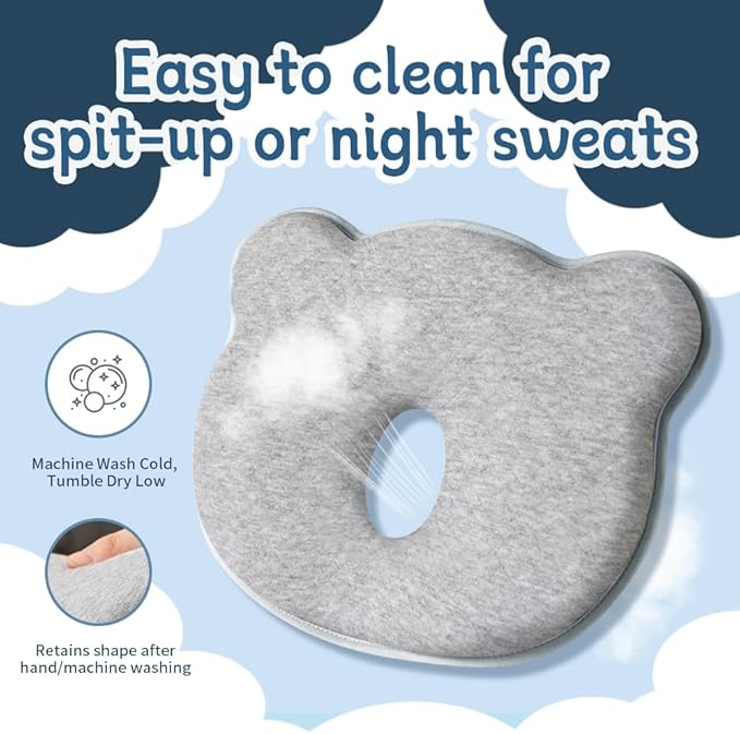 Memory Foam Baby Pillow for Newborn Flat Head Baby Pillow Machine-Washable Neck Support Prevent Flat Head 100% Cotton,Grey