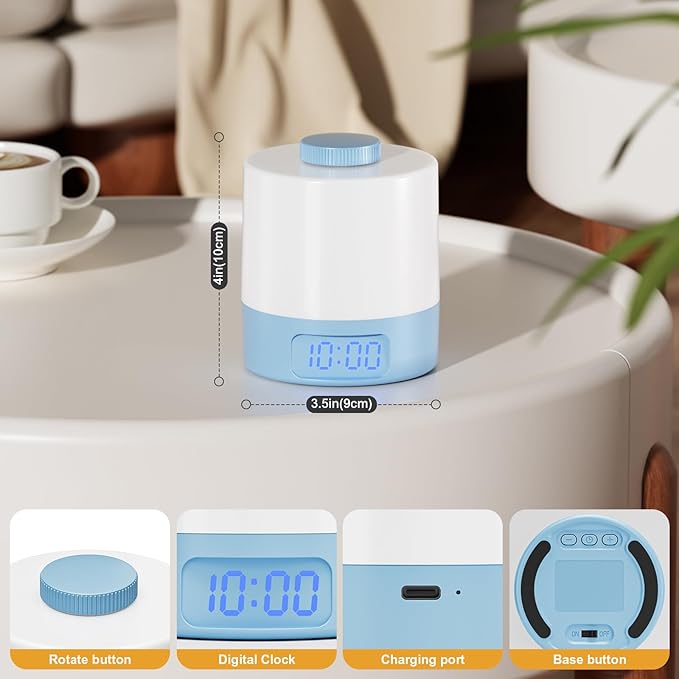 Wobane Night Light for Kids, 3 Colors Dimmable Baby LED Lighting, 3600mAh Battery Rechargeable with Digital Time, Portable Bedside Lamp for Nursery, Breastfeeding, Adults, Blue