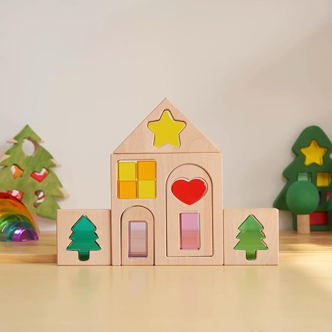 45PCS Wooden Acrylic Building Blocks Set with Tray, Include Colorful Acrylic Shapes Stars,Sun,Clouds, Trees, Heart, Educational Construction Toy for Kids (Farm House)