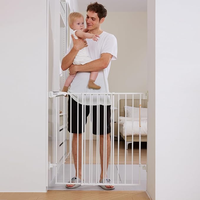 Babelio Baby Gate for Stairs & Doorways, 26-43" W 34" H Extra Tall| No Bottom Bar| Easy Installation| One-handed Operation| Auto-close| Hardware Mount (Drill Needed) Safety Dog/Pet Gate Indoor (White)