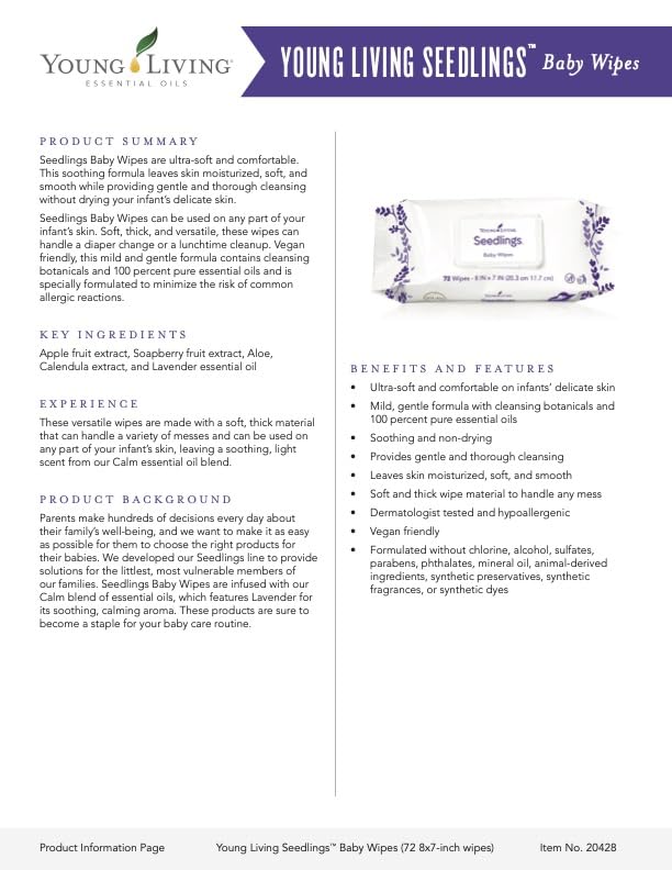 Young Living Seedlings Baby Wipes, 72ct | Gentle Care for Little Ones | Skin Moisturizer | Hydrating & Smooth | Sensitive Skin | Thick Wipes | Alcohol-Free | Ideal for Hands & Faces | Water-Infused