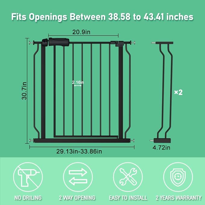 ALLAIBB Extra Wide Pressure Mounted Baby Gate Walk Through Child Kids Safety Toddler Tension White Long Large Pet Dog Gates with Extension for doorways Kitchen (38.58-43.31"/98-110cm, Black)