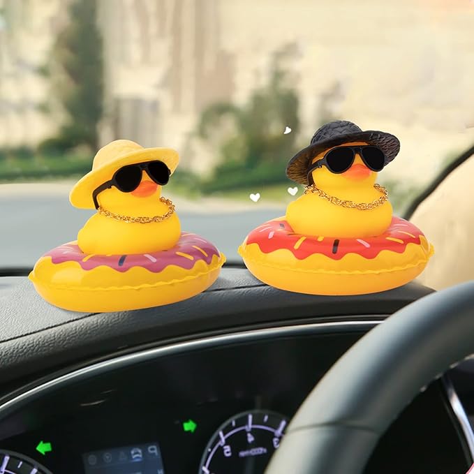 wonuu Car Rubber Duck, Yellow Duck Decoration Dashboard with Sun Hat Swim Ring Necklace Sunglasses for Car Dashboard Decorations