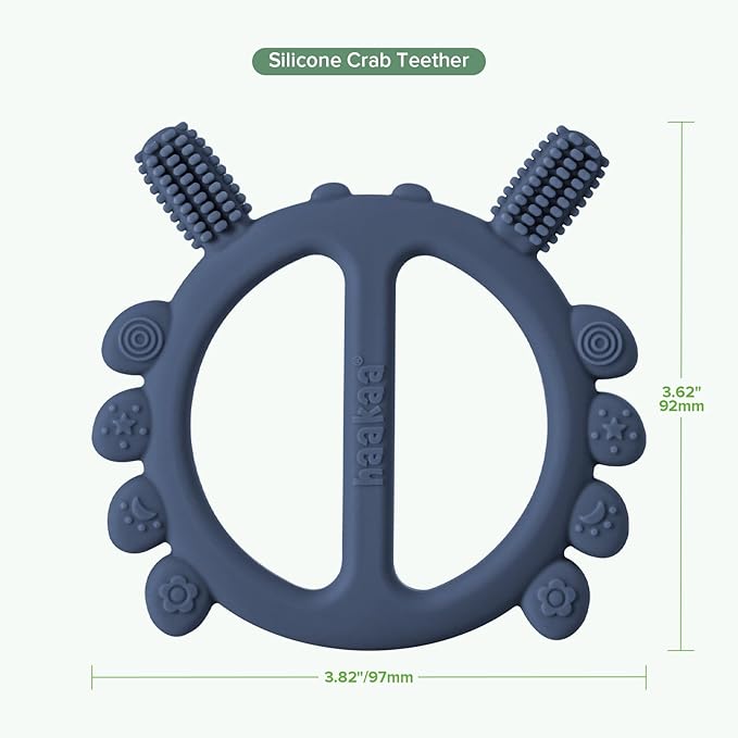 Haakaa Silicone Crab Baby Teether,Teething Toys,360ยฐBaby Toothbrush Head for Infant Self-Brushing Training,Food-Grade Silicone,Steel Blue