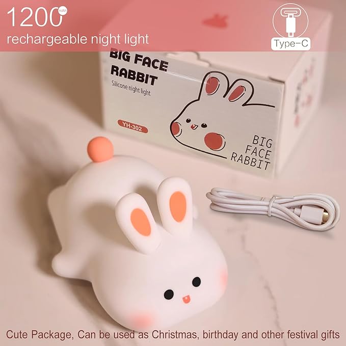 Squishy Bunny Night Light, Cute Easter Rabbit, Bunny Lamp, Led Big Face Rabbit Decor, Novelty Gifts, Dimmable Rechargeable Light up Bunnies, Nursery Room College Dorm Touch Nightlight
