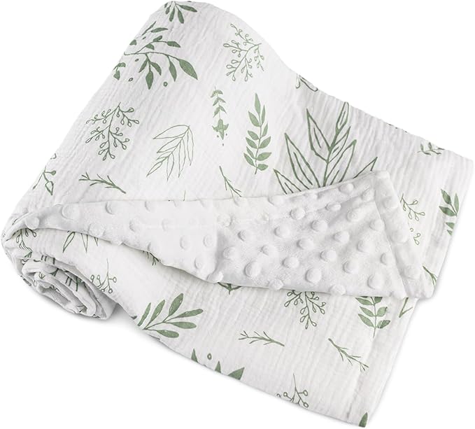 GLLQUEN BABY Blankets for Unisex Boys Girls, 2-Pack Muslin Cotton Front Soft and Breathable, and Dotted Fleece Backing, Printed Bed Nursery Minky Blankets for Toddler Newborn, Greenery,30 x 40 inches
