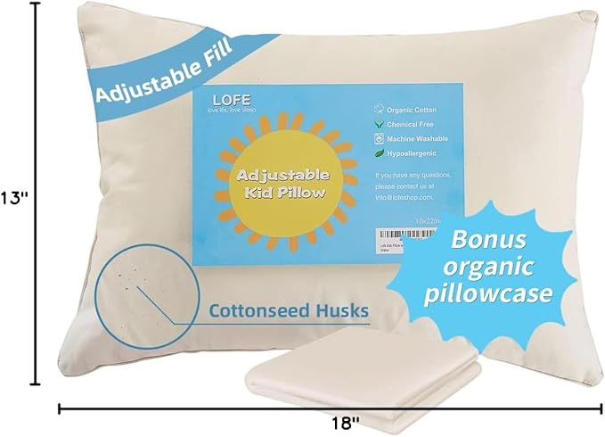 LOFE Organic Toddler Pillow with Pillowcase - 13x18 Toddler Pillow with 100% Organic Cotton Shell, Adjustable Loft Organic Kid Plilow, Machine Washable, Soft, Perfect for Kids&Toddler&Children
