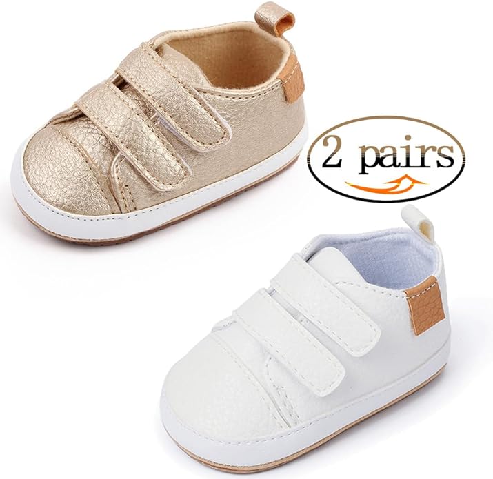 2Pairs Baby Shoes,Boys Girls Non-Slip Rubber Sole Sneakers,Unisex Infant Soft Lightweight First Walking Crib Shoes