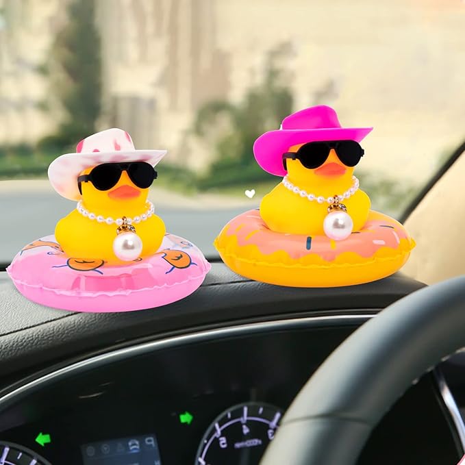 wonuu Car Rubber Duck, Yellow Duck Decoration Dashboard with Sun Hat Swim Ring Necklace Sunglasses for Car Dashboard Decorations, Pink White Cowboy Hat-Pink-Big Pearl