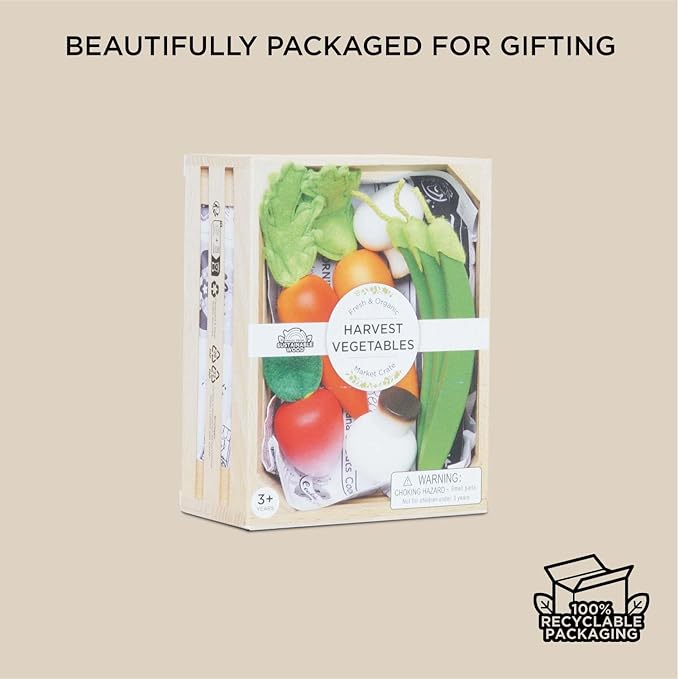 Le Toy Van - Wooden Honeybee Market Vegetables '5 a Day' Crate | Fun Role Play Supermarket Pretend Play Shop Food | Great Gift for Boys Or Girls, Harvest Vegetables Crate (TV182)