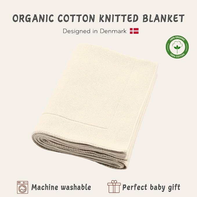 Knitted Organic Cotton Baby Blanket- Swaddle Blanket, 30" x 40" Soft Receiving Blanket for Newborn