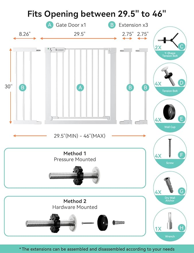 COMOMY 30" Tall Baby Gate for Stairs Doorways, Fits Openings 29.5" to 46" Wide, Auto Close Extra Wide Dog Gate for House, Pressure Mounted Easy Walk Through Pet Gate with Door, White