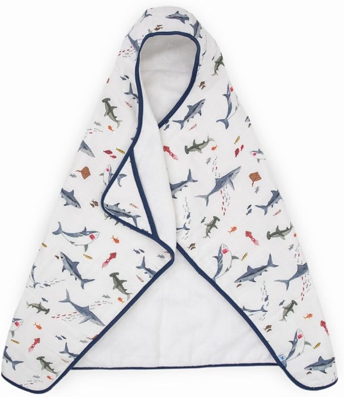 Little Unicorn Premium Hooded Bath Towel| Absorbent Cotton & Terry Blend | Larger Size, 1-6 Years (Shark)
