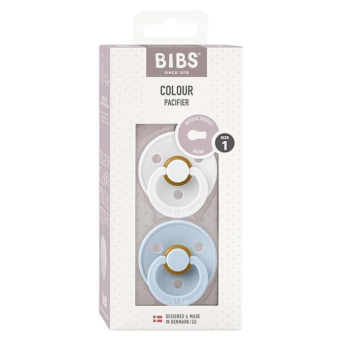 BIBS Pacifiers Colour Collection | Natural Rubber Baby Pacifier | Set of 2 BPA-Free Soothers | Made in Denmark | 0+ Months (Pack of 2) | Baby Blue / White