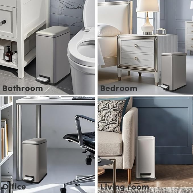 Bathroom Bin 17L, Kitchen Bins Small Trash Can with Soft Close Lid,Slim Pedal Bin with Removable Inner Bucket for Home,Bathroom,Kitchen,Bedroom,and Office.Grey