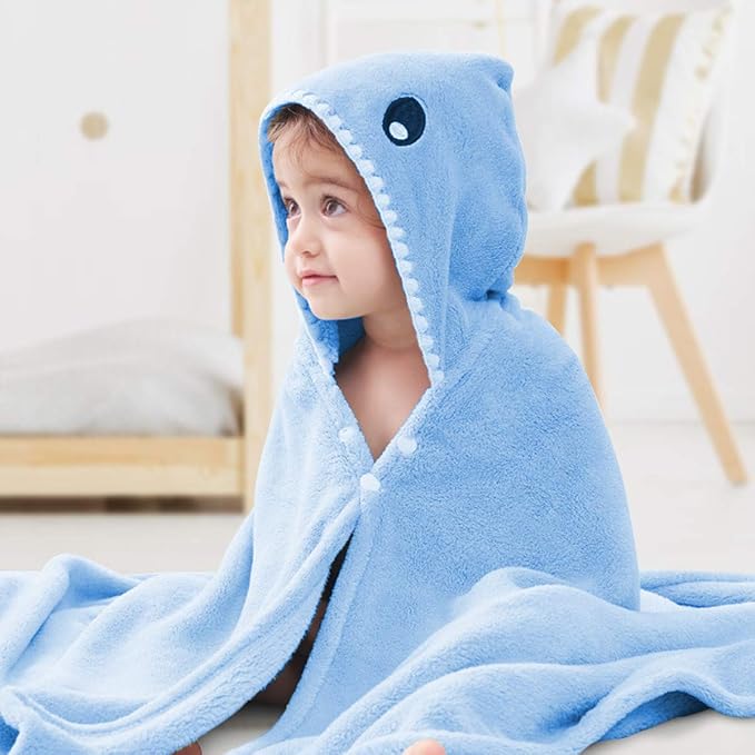 ROMASA Toddler Hooded Bath Towel Ultra Soft Towel Highly Absorbent Bathrobe Blanket for Boys Girls- 27.5" x 55"(Blue Shark-Shape)