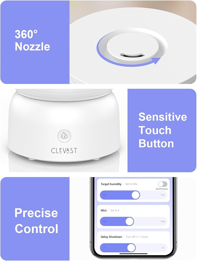 CLEVAST Smart Humidifiers for Bedroom, Top Fill 3L Cool Mist Quiet Ultrasonic Humidifier with Essential Oil Diffuser, Humidity Control, Wi-Fi Air Humidifier for Baby, Home, Compatible with Alexa