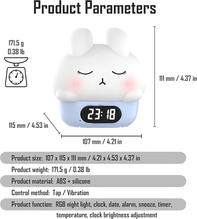 Cute Bunny RGB Rechargeable Night Light, Soft Silicone Lampshade, Adjustable Brightness LED Clock, Date, Alarm, Thermometer, Timer, Tap Control, Bedroom Lamp, Gift for Girl and Kid (Blue Bunny)