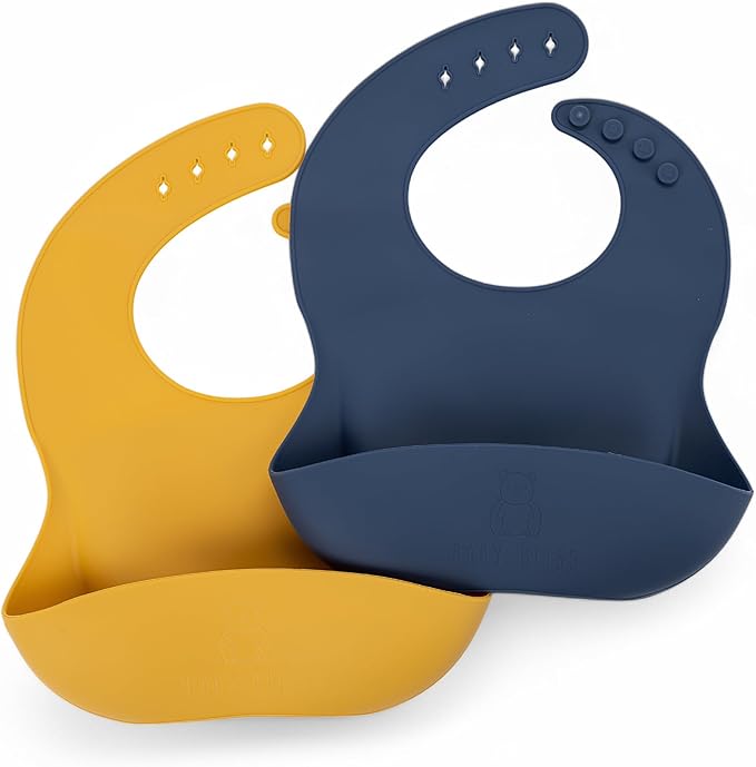 Silicone Bib 2-Pack: Safe, Non-Toxic, Food-Grade. Waterproof, Adjustable Neck Band, Easy-Clean Pouch Catcher.