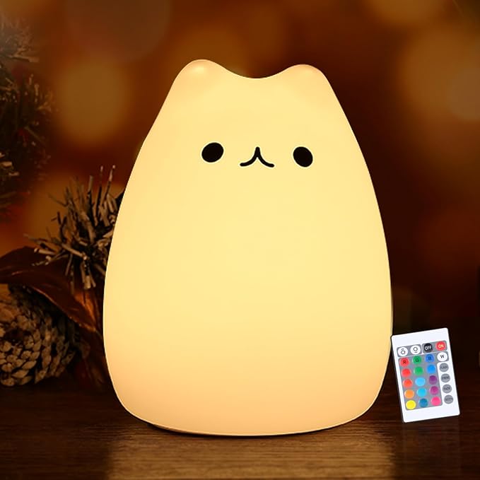 Cat Lamp, Cute Kitty Night Light with Remote Control, Christmas Gifts for Girls Boys Teens, Rechargeable Kids Night Light for Bedroom, Silicone Kawaii Kitty Baby Nursery Nightlight Lamp