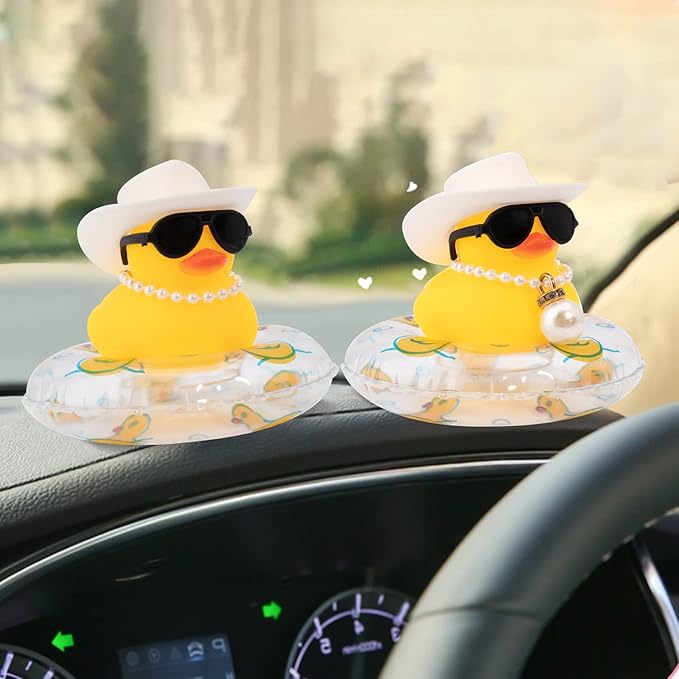 wonuu Car Rubber Duck, Yellow Duck Decoration Dashboard with Sun Hat Swim Ring Necklace Sunglasses for Car Dashboard Decorations