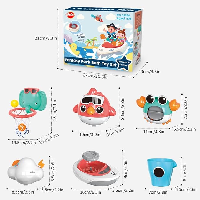VATOS Baby Bath Toys, Elephant Basketball Hoop Bathroom Toys for Babies Boys Girls 1 Year Old, Baby Bathtub Playset with Bird, Crab, Clouds, Yacht Best Bath Gift for Toddlers 1-3
