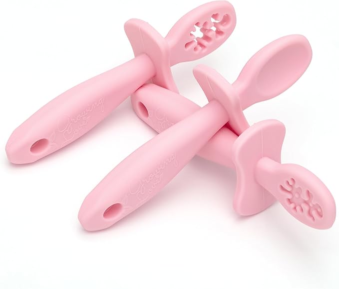 Growing Love Baby Spoons Set, Self Feeding 6 months, Pre-Spoon, Baby utensils, training spoon, cuchara bebe, blw, 100% silicone, Anti choke shield (pink)