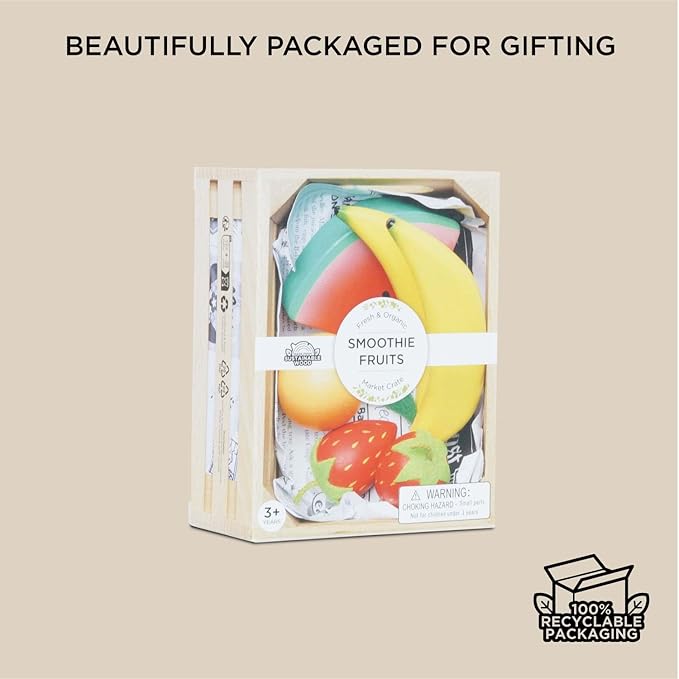 Le Toy Van - Wooden Honeybee Market Fruits '5 a Day' Crate | Fun Role Play Supermarket Pretend Play Shop Food | Great Gift for Boys Or Girls, Smoothie Fruits Crrate (TV183)