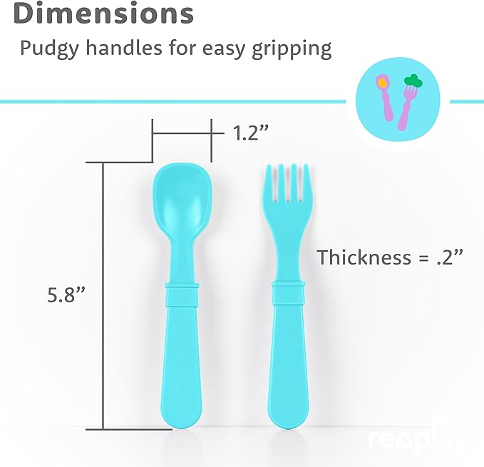Re-Play Toddler Forks and Spoons Set - 4x4 Utensils Set for Kids - Dishwasher and Microwave Safe - Made in USA - Set of 8-5.8" x 1.2" x 0.2" - A True Blue