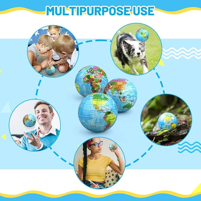 Mini Earth Soft Squishy Ball 3 Pack - 3.7 Inch Foam Globe Stress Balls for Boys Girls- Educational Geography Squishies Toys- Squeeze Sensory Learning Toy World Map for Kids Adults